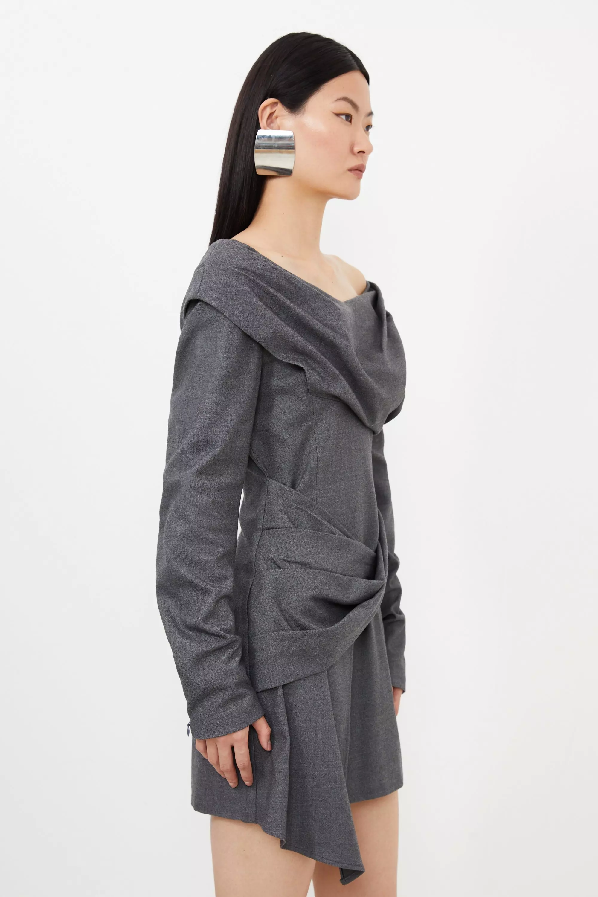 Grey Marl Woven Wool Mix Off The Shoulder Mini Dress | Karen